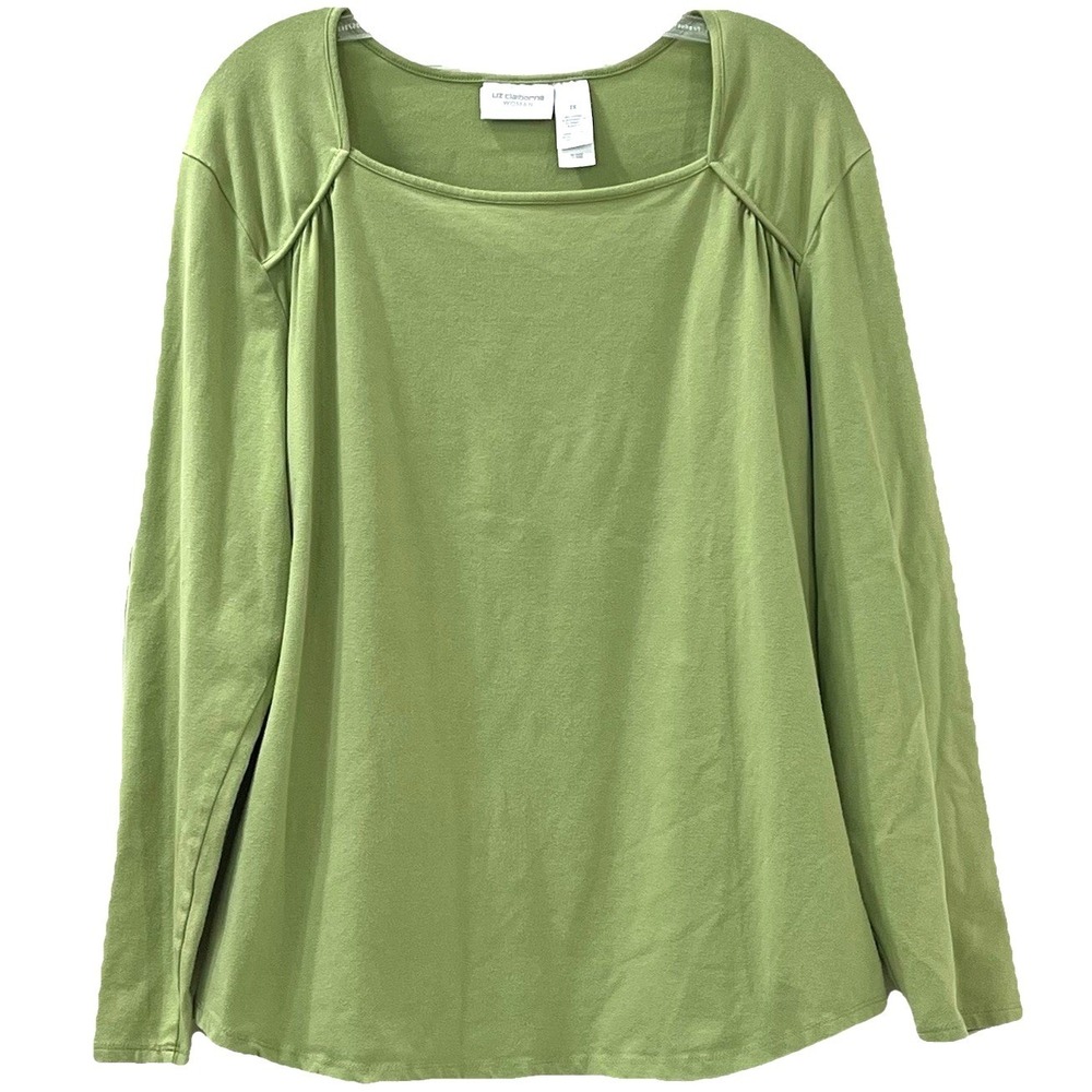 Liz Claiborne Women's Top 2X Light Green Stretch Long Sleeve Square Neckline